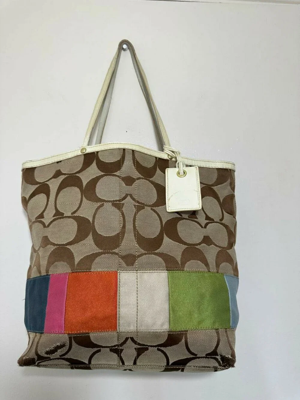 Coach Signature Multicolor Stripes Canvas Leather Trim Small Tote Bag